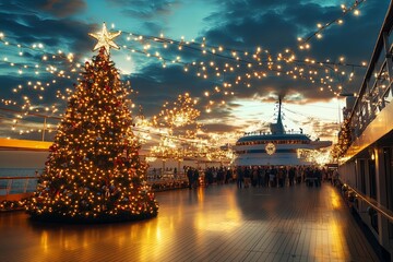 Holiday celebration on a cruise ship deck with festive lights and a decorated Christmas tree at sunset. Generative AI