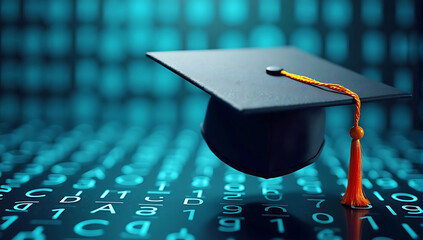 A graduation hat floating on a background of digital binary code, representing the merging of education and technology