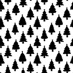 Obraz premium Seamless pattern of Christmas tree silhouette on white background. Black and white vector collection of pine silhouette icons, icons, sketches for packaging and fabric design.