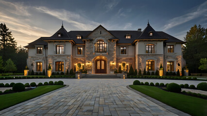 A large stone mansion with a driveway and a stone walkway