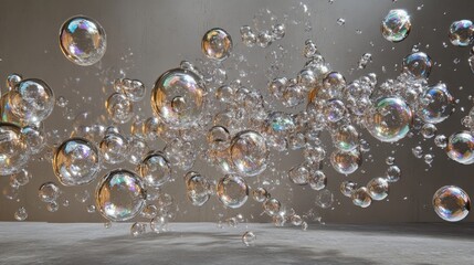 Abstract 3D render of floating liquid transparent bubbles that collide with each other over grey background
