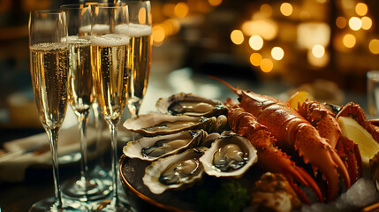 Luxurious Seafood Platter with Champagne: Oysters and Lobster Feast