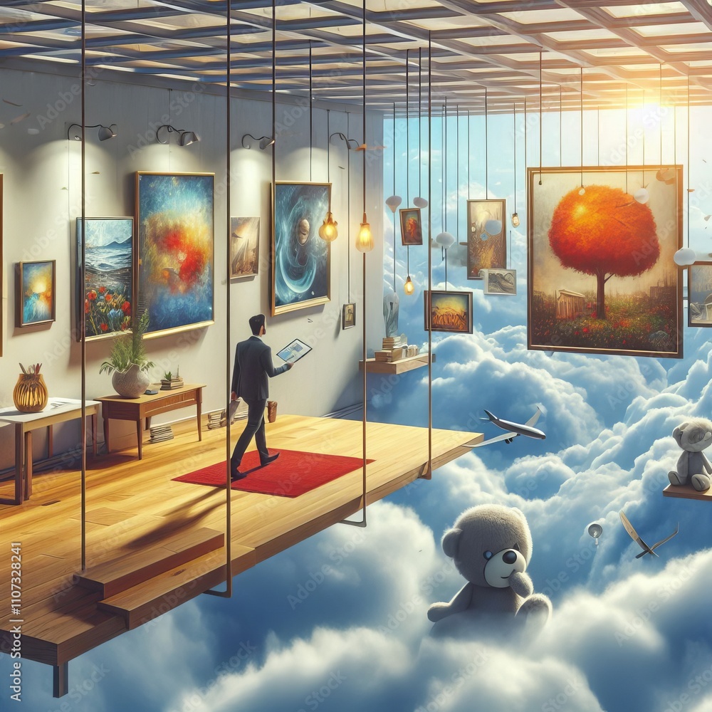 Poster floating art gallery a character in an art gallery that floats a