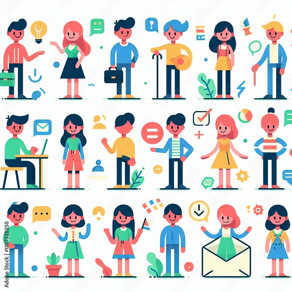 Poster flat design characters simplified characters with minimal shadin