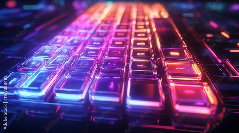 Poster a vibrant, futuristic keyboard with glowing keys in neon colors.