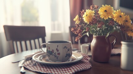 Obraz premium Cozy morning breakfast scene with flowers and teacup on a wooden table.