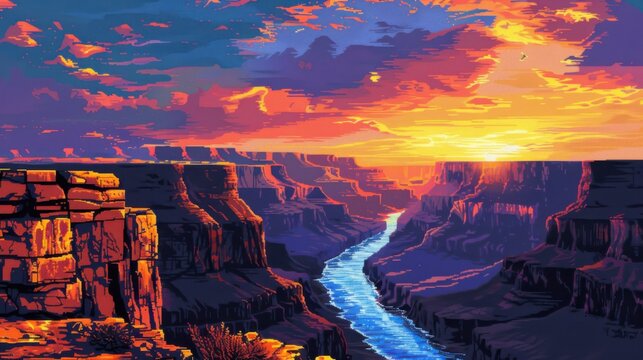 Grand Canyon Sunset: A vibrant painting captures the majestic beauty of the Grand Canyon at sunset, the red rocks and river set against a dramatic sky. 