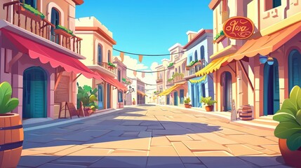 Obraz premium A Sunny Day on a Cobblestone Street Lined with Shops in a European Village