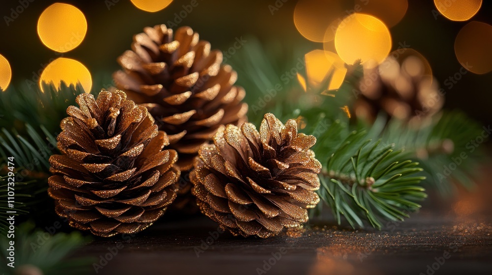 Poster three pine cones and evergreen branches with bokeh lights in the background.