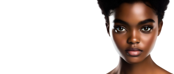 portrait of an astonishing young, natural beauty african woman looking directly isolated over white (transparent) background