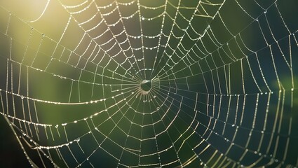 Delicate spider web glistening with dew in soft sunlight.
