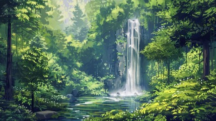 Serene Waterfall Scene: Majestic waterfall cascading through a lush, vibrant green forest, creating a tranquil and breathtaking natural vista