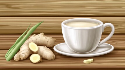 Creamy ginger tea in a white cup on a wooden table with ginger roots and leaves.