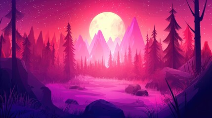 Fototapeta premium A night scene of a river, forest, mountains and a full moon