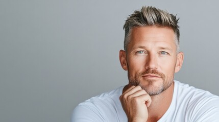 Fototapeta premium A mature man with silver beard and a towel smiling warmly, hands framing his face against a gray background, symbolizing skincare and grooming.