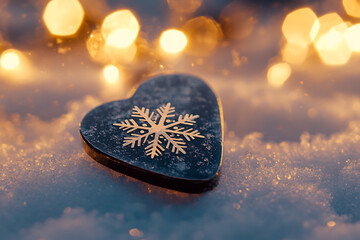 A festive minimalistic design featuring a guitar pick adorned with a snowflake pattern, surrounded by gentle holiday lights on a snowy surface. Ideal for music-themed holiday promotions and festive ca