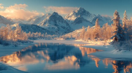 Majestic snow-capped mountains reflected in a serene winter lake at sunrise.