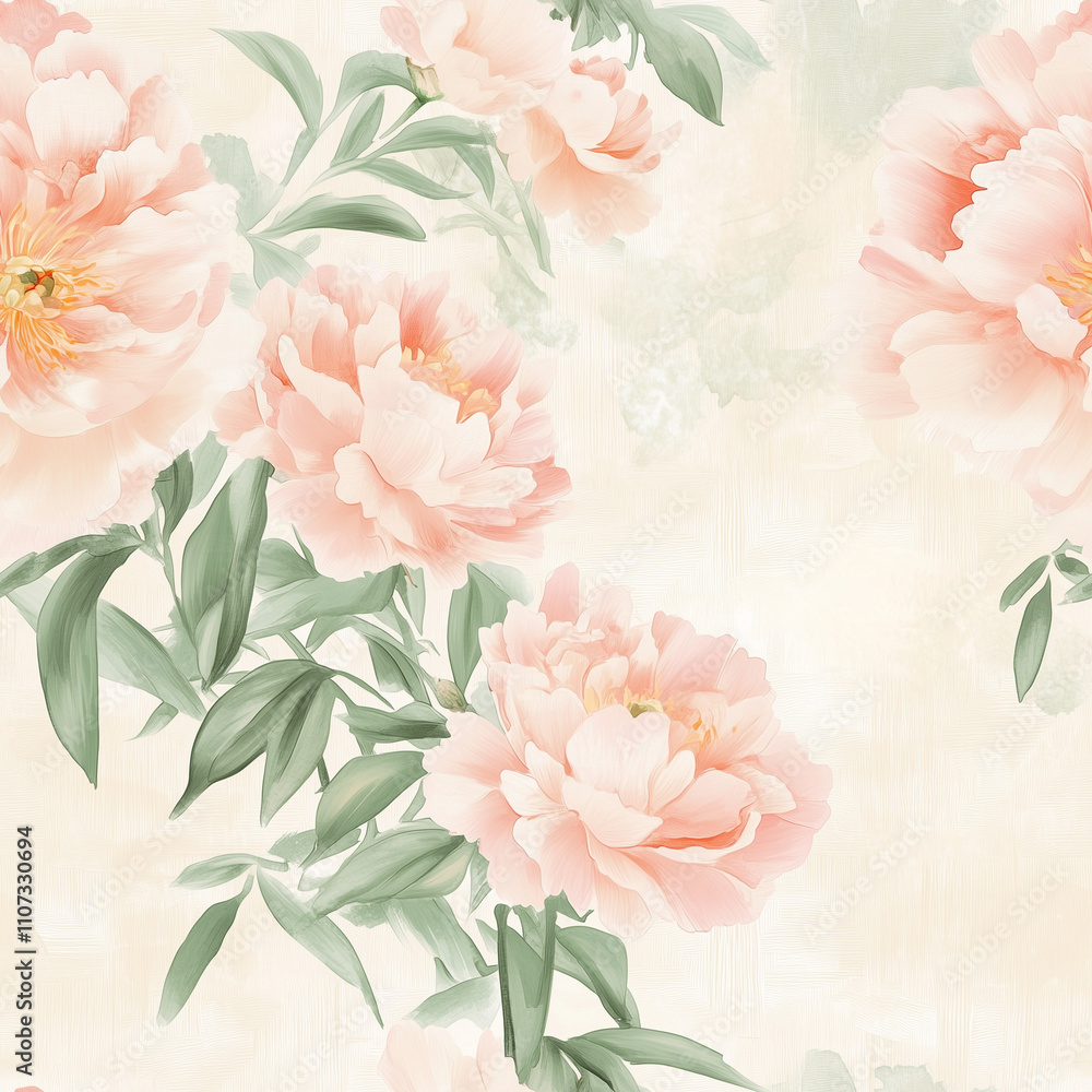 Aufkleber seamless pattern design featuring soft peach peonies and green leaves on a subtle textured backgroun