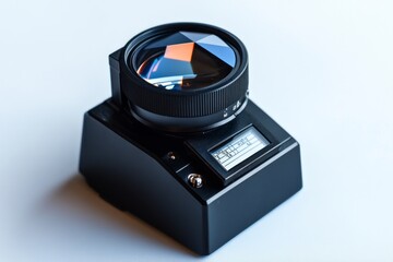 A sleek black device with an intricate lens design capturing colors. This unique object blends art and technology seamlessly. Discover its potential in creative projects. Generative AI