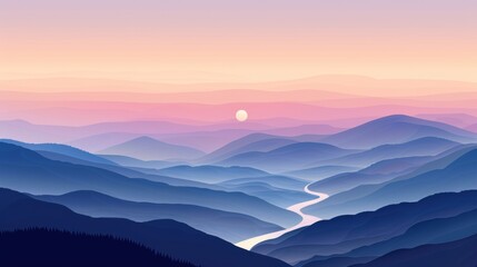 Obraz premium Serene Mountain Valley at Dawn: A breathtaking panoramic view of a valley cradled by majestic mountains, bathed in the soft, pastel hues of sunrise. A tranquil river meanders through the landscape.