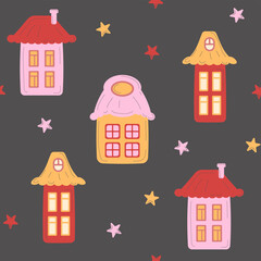 Seamless pattern with colorful cozy houses in a charming hand-drawn style for seasonal designs, holiday cards, invitations, and cheerful decorations