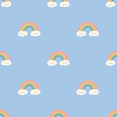 Charming seamless pattern of pastel rainbows and smiling clouds on a soft blue background, ideal for children’s designs, stationery, or cheerful decor.