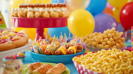 A delightful spread of colorful party food for kids, featuring mini hot dogs, candy lollipops, mac and cheese, and more!