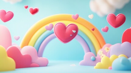 A whimsical Valentine's Day scene with animated heart-shaped clouds, a rainbow, and cheerful typography, bright and playful tones