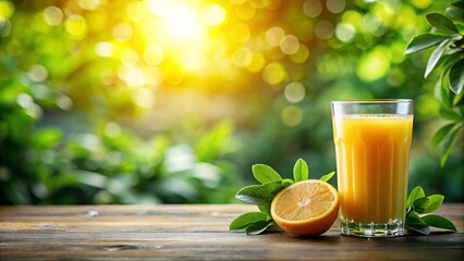 Fototapeta premium Refreshing Glass of Orange Juice Surrounded by Lush Green Leaves, Perfect for Summer Vibes and Healthy Living, Ideal for Beverage and Wellness Promotion