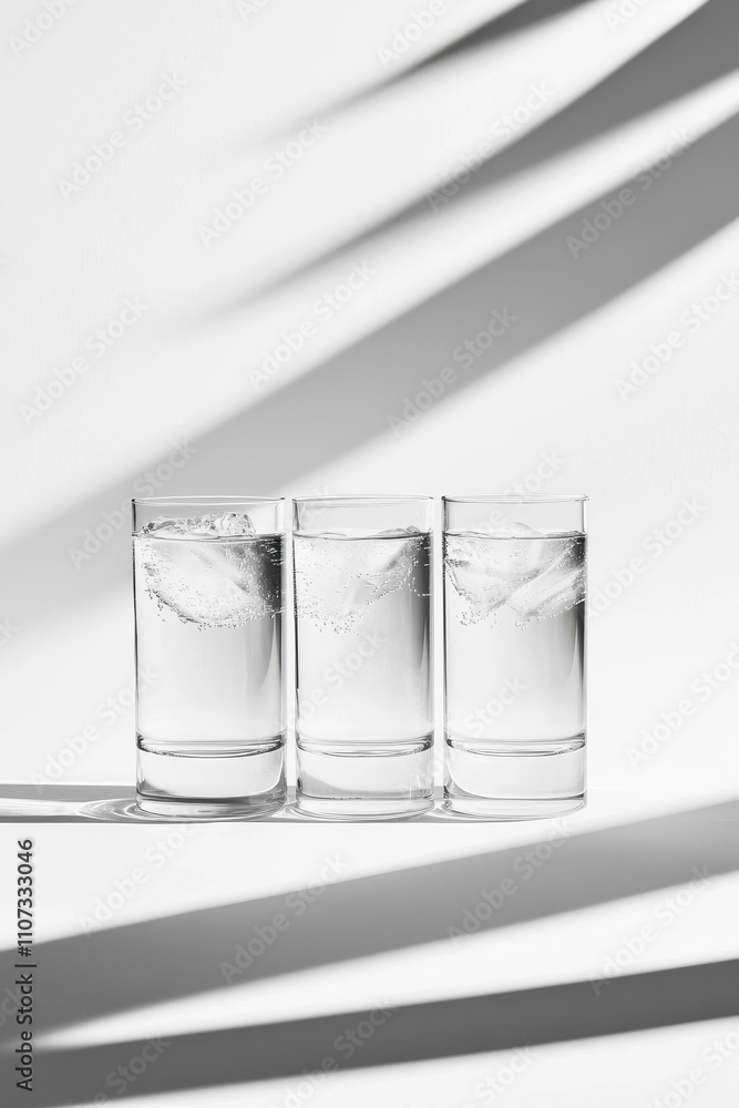 Aufkleber minimalist composition of three glasses of refreshing ice water in soft light with shadows creating 