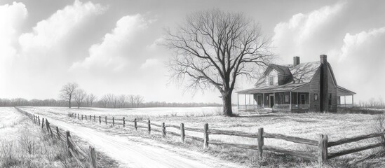 Abandoned farmhouse on a snowy, rural road.