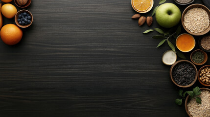 Variety of fruits, nuts, seeds, and grains arranged on a dark wooden surface, including oranges, blueberries, almonds, apple, oats, and more.