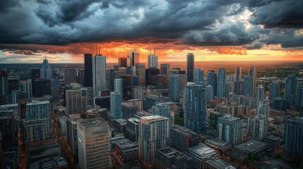 Obraz premium City skyline under an overcast sky Thick clouds reflect the faint orange light of the setting sun background wallpaper AI generated image