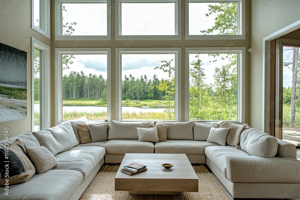 Poster stylish living room with large windows showcasing a serene natural view of trees and water in a tran