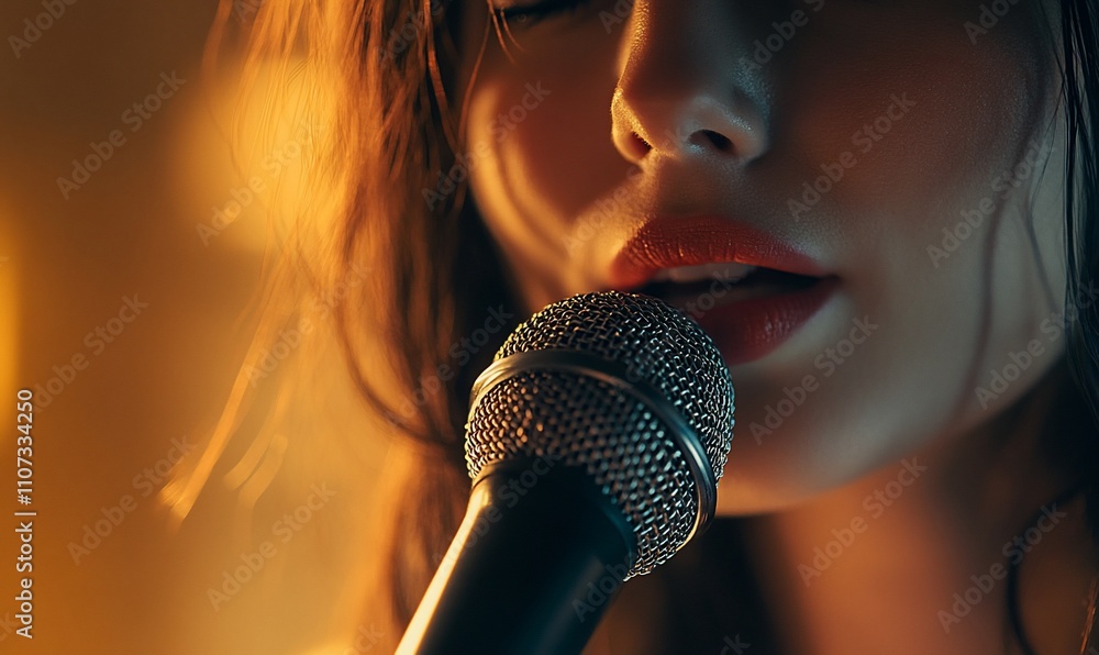 Poster close-up of a singer with a microphone, capturing an intimate performance.