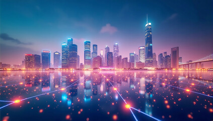 Fototapeta premium A vibrant city skyline with glowing network lines representing global business connections and economic activity