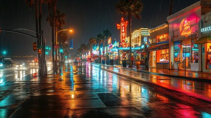 Obraz premium City street near the beach, illuminated by modern street lamps and decorated with shining shop windows background wallpaper AI generated image