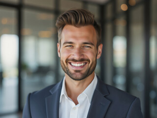 Fototapeta premium Portrait of smiling businessman wearing suit in office setting