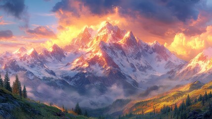 Obraz premium Majestic snow-capped mountains ablaze in a vibrant sunset.