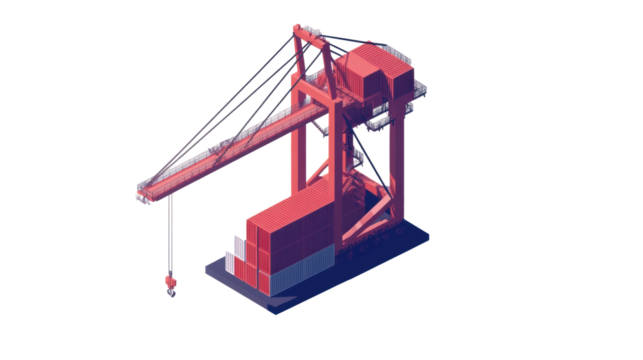 Low poly cargo crane lifting containers on transparent background