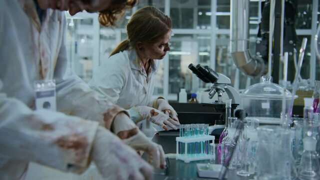 Medium side shot of two creepy male and female zombie laboratory employees working together &ndash; man in blood-stained white coat wildly thumping on laptop, woman trying to squeeze under microscope