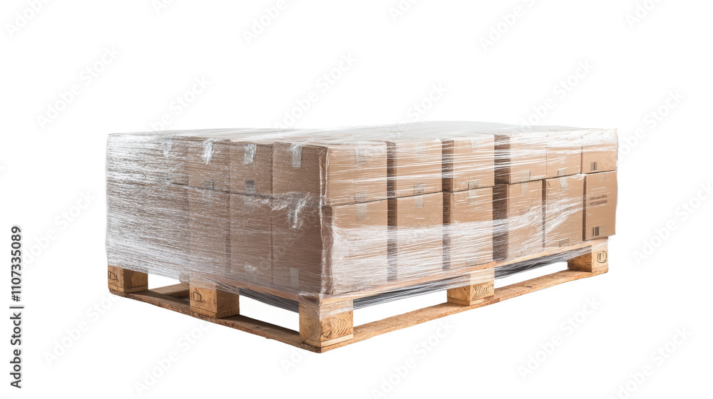 Poster pallet wrapping cardboard boxes on transparent background for storage or shipping