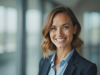 Fototapeta premium Smiling businesswoman wearing suit and posing in office building
