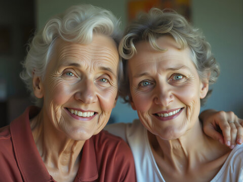 Portrait of smiling senior mother and daughter embracing at home