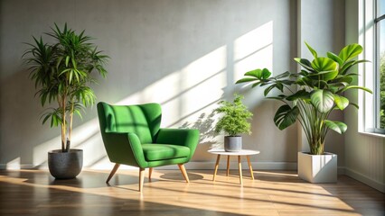 Fototapeta premium Serene Interior with a Green Chair and Sunlit Wall Enhancing Calming Atmosphere in a Cozy Space with a Potted Plant for Inviting Home Decor Inspiration