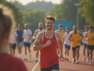 Obraz premium Smiling male athlete running on track with other athletes