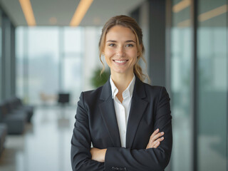 Smiling businesswoman with arms crossed in modern office setting