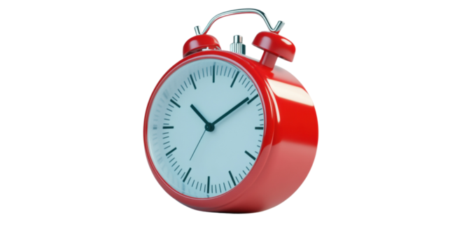 Red alarm clock showing time on transparent background