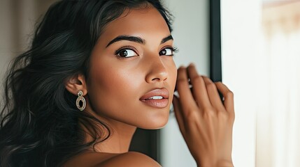 A candid moment of a woman adjusting her earrings in a mirror before a formal event.