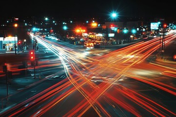 Colorful light trails from cars cross at a busy urban intersection during nighttime. Generative AI
